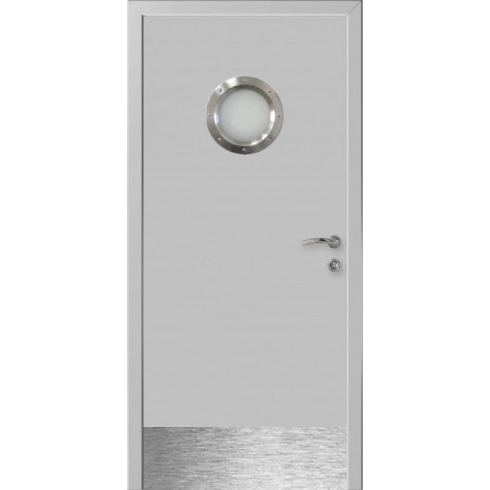 ДВЕРЬ КАПЕЛЬ КЛАССИК ПВХ ГЛАДКАЯ МОНОКОЛОР RAL7035 светло-серый с иллюминатором и отбойной пластиной